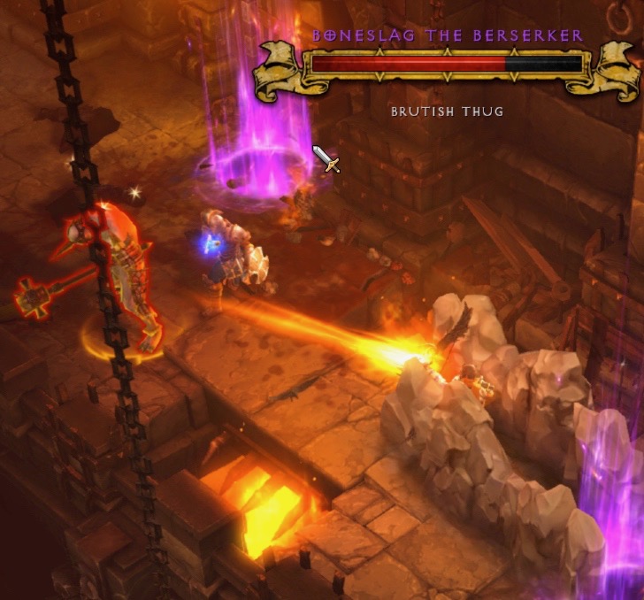 My Demon Hunter is shooting a glowing light at Boneslag the Berserker.