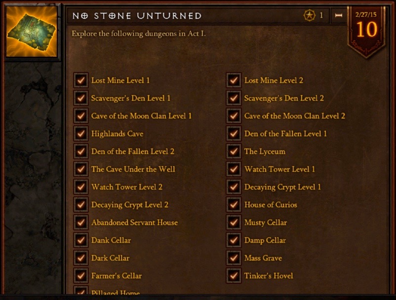 A large box shows that I have checked off every item in the "No Stone Unturned" Achievement.