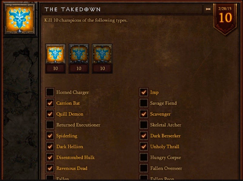 A large box is labeled "The Takedown". I completed some parts of this achievement, but had more to go.