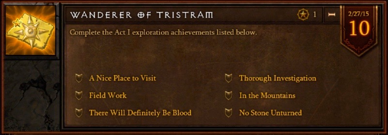 The "Wanderer of Tristram" achievement has six quests to complete.