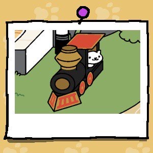 Snowball is looking out of the window of the cardboard train.