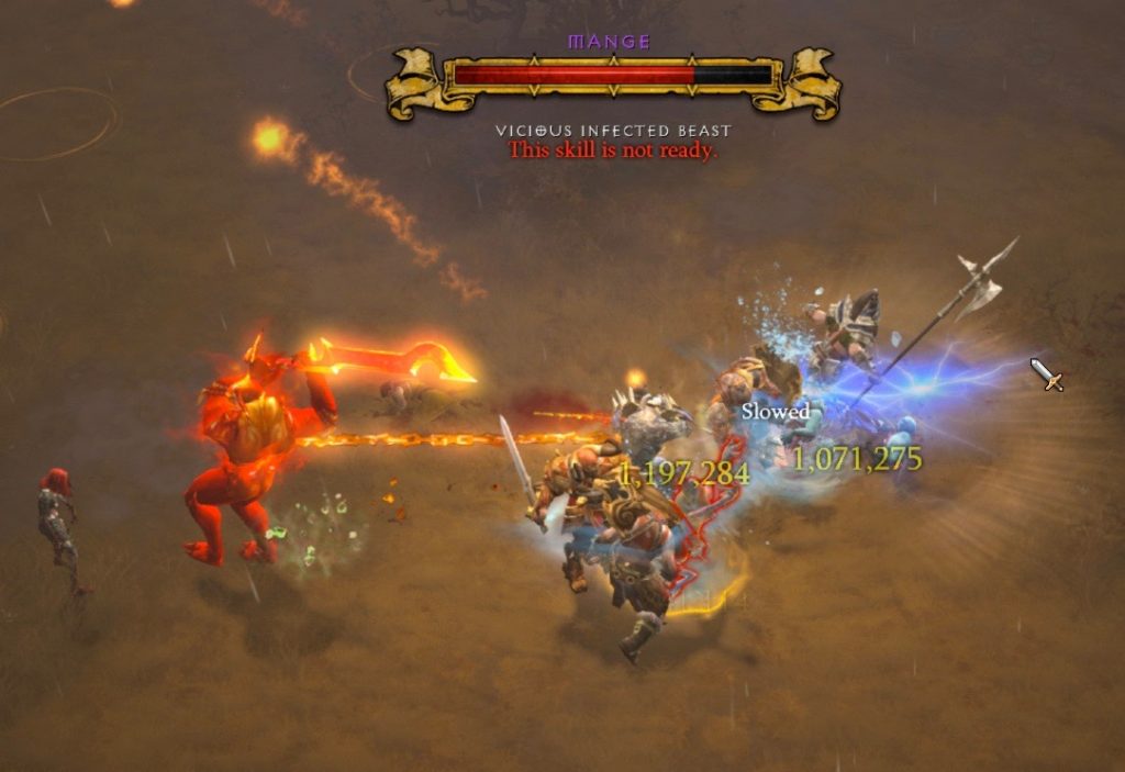 Mange (Vicious Infected Beast) is in the center of this screenshot. He is getting beaten by my Barbarian character - and three of his ancient friends.