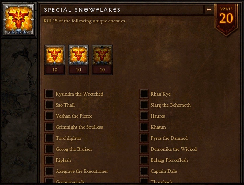 Special Snowflakes is the second achievement in the group. It requires players to kill 15 of the enemies on the list. Two of the boxes have a demon head inside them.