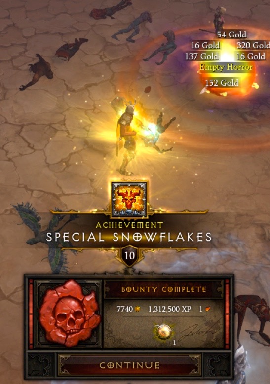 A screenshot says: "Achievement Special Snowflakes" There is a box on top of that achievement that has a devil head in it. Above that is my Diablo III character, staring at a monster he just killed that is inside a circle.