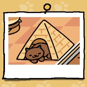 Ganache is a brown cat with black ears. Ganache is sleeping on their side with its front paws and face sticking out of the Tent (Pyramid).