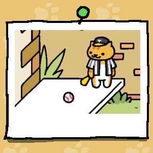 Joe DiMeowgio wears the same outfit. He stands on his back legs on a white platform and looks at a baseball.