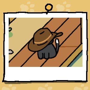 Pepper is a black cat with a white spot on the end of their tail. Pepper is wearing a large brown cowboy hat that covers their entire head.