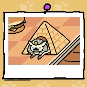 Ramses the Great is a light yellow cat. On his head is a "King Tut" hat. Ramses the Great looks out from inside the Tent (Pyramid).