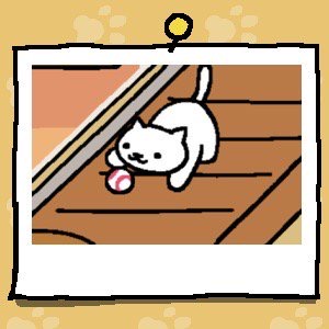 Snowball is a white cat that is playing with a baseball by moving it around with their front paw.