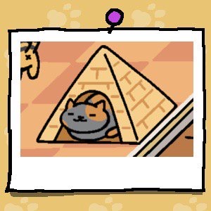 Spooky is a dark grey cat with large orange spots. Spooky is sleeping in a "cat loaf" shape inside the Tent (Pyramid).