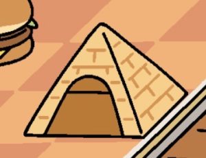 The Tent (Pyramid) is empty. It has a rounded opening at the front, just big enough for one cat. The sides of the Tent (Pyramid) are tan, and are made to look as though they tent is made of bricks. It is the shape of a pyramid.