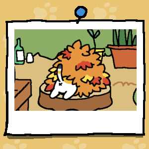 The backside of a white cat with light orange and black spots sticks out of a pile of leaves.