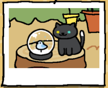 Pepper is a black cat with one yellow eye and one blue eye. The tip of their tail is white. Pepper looks at the snow dome.