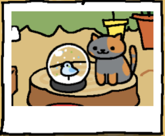 Spooky is a grey cat with large dark orange spots. Spooky is looking at the snow dome.