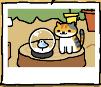 Tabitha is a calico cat with a white belly and paws. Part of the cat's face is white, and the rest is multi-colored. This cat has light orange stripes on their head, black stripes on their back, and a mix of colors on their tail. Tabitha looks at the snow dome.