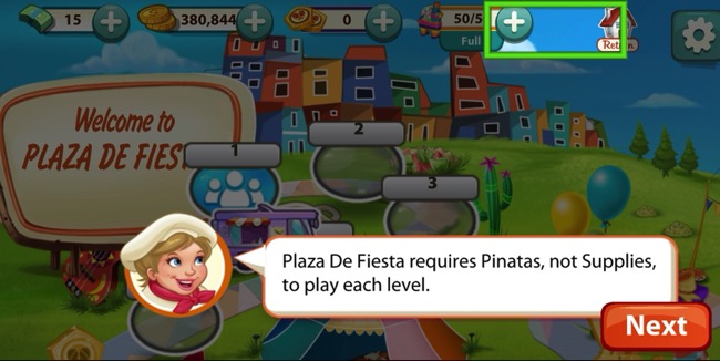 A portrait of a short blond woman who is wearing a chef hat and a red scarf. She speaks. Behind her is a sign that says Plaza De Fiesta. Above her is a misplaced box.