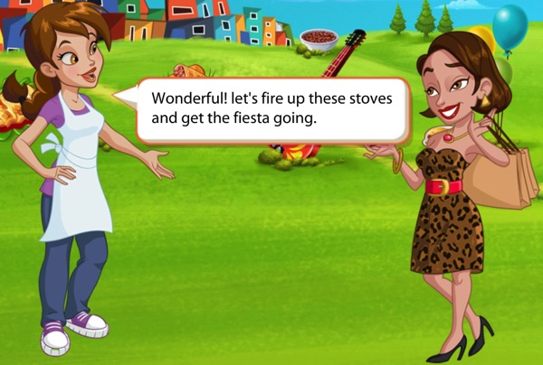 A young woman wearing an apron tells a woman in fancy clothing that she wants to fire up the stoves.