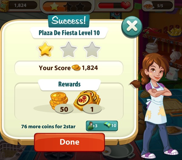 A young woman wears a messy apron. She stands next to a sign that shows one star. Above her head is a small box that shows a Cheesy Bean Burrito next to a box that says five slash five.