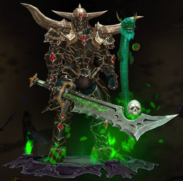 A Barbarian wears a complete set of armor. He holds a large sword that has a hovering skull. A green dragon pet floats in the air, playing with a toy ball.