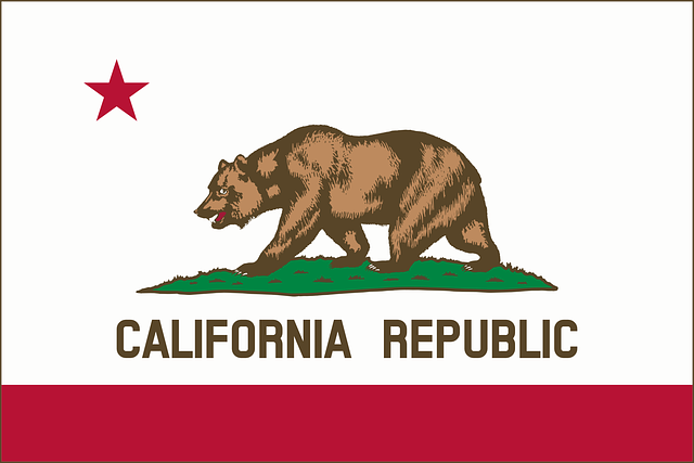The flag of California has a white background. There is a red star. Below the star is bear that is walking on green grass. Below that are the words "California Republic". A large red bar covers the bottom of the flag.