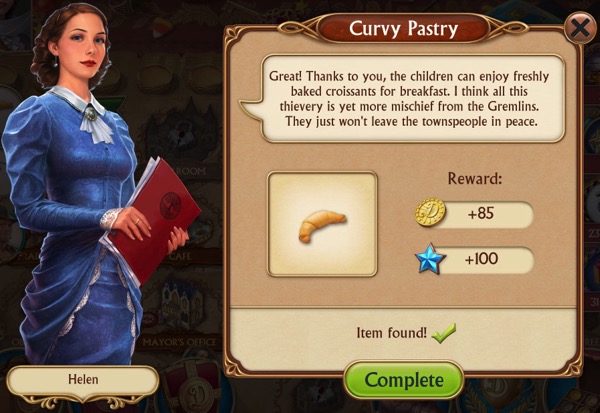 A woman wearing a blue dress thanks the player for finding the missing croissants.