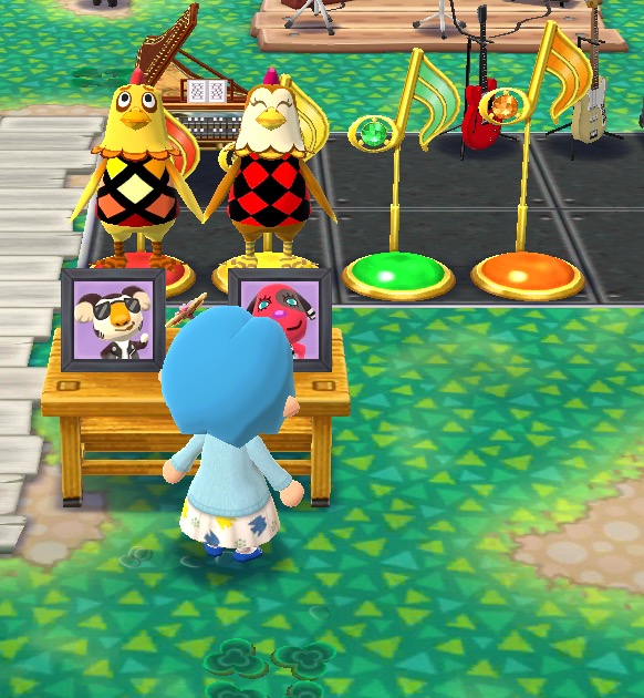 Four of the melody buttons at my campsite. The chicken friends are standing on two of them and holding hands.