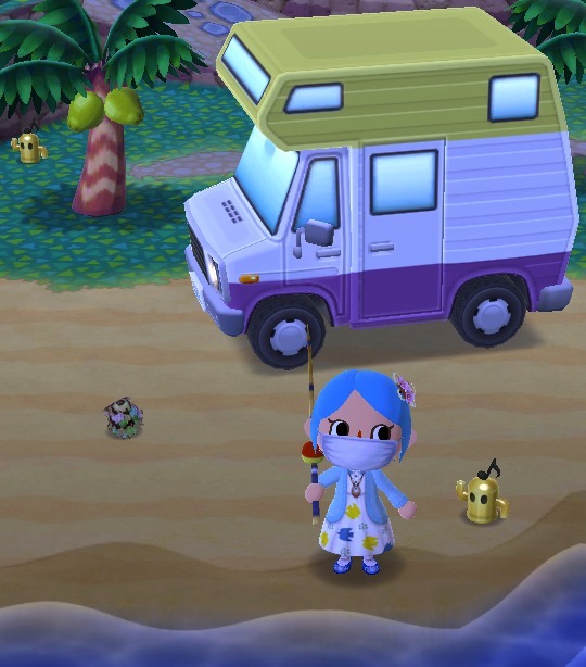 My pocket camp character is wearing a dress with a sweater and carrying a fishing pole. Behind her is a camper with the colors of the nonbinary flag. Two gold gyoridites are nearby.