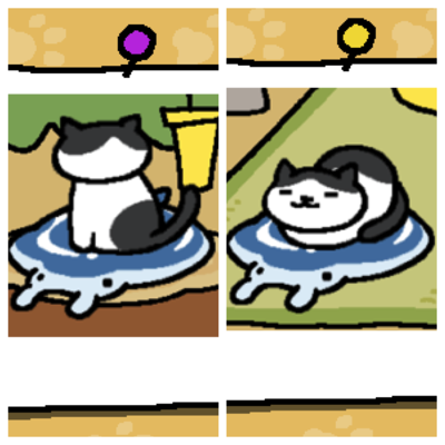 Chip is a white cat with large black spots. First image - Chip is sitting on the Manta Gel Mat looking away from the viewer. Second Image - Chip is napping on the Manta Gel Mat with his feet tucked under him