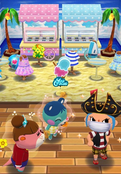 My Pocket Camp character makes a  face. They stand next to Bluebear and Lottie. Behind them is the completed Cool Scoop Parlor 2 class.