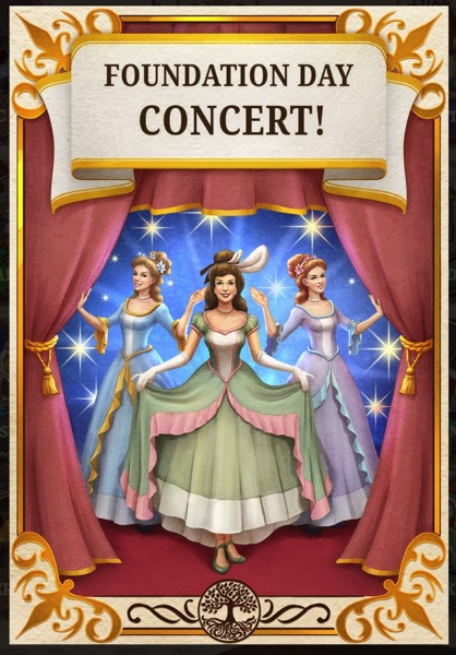 A poster says "Foundation Day Concert!" Three women in pastel colored dresses are on a stage.
