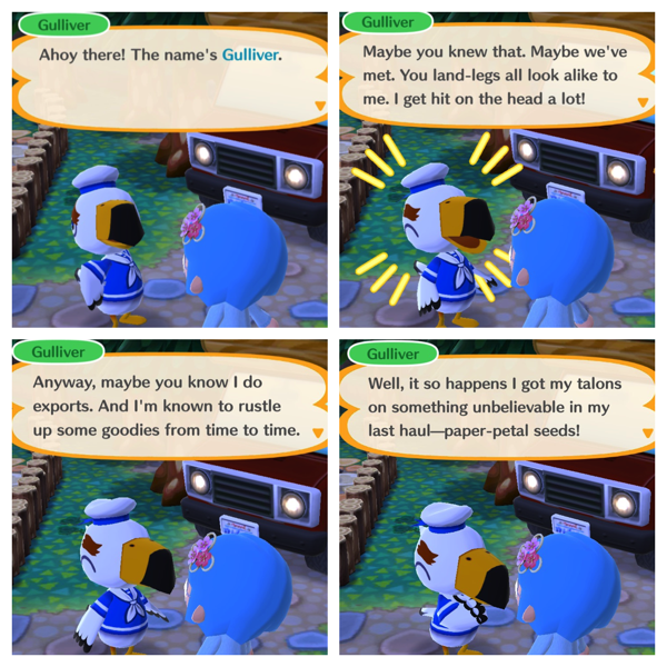 Four screenshots of a talking seagull named Gulliver. He is talking to my Pocket Camp character.