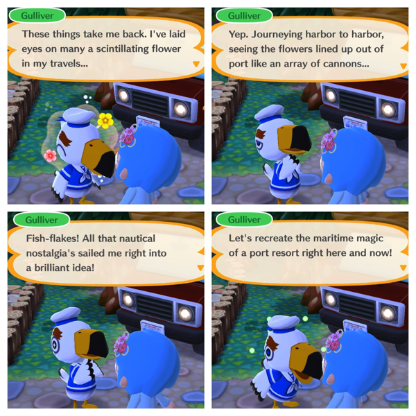 Four screenshots of a seagull named Gulliver. He wants to remake a port resort in my campsite.