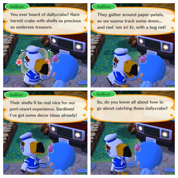 Four screenshots of Gulliver the seagull. He informs the player what kind of flowers they need to catch rare creatures.