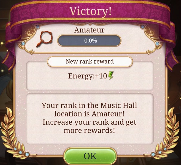 A box says Victory! The Music Hall is now at Amateur level.