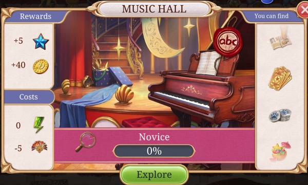 A box that shows the Music Hall. On one side are a objects that the player might receive after finding all the hidden objects in the location.