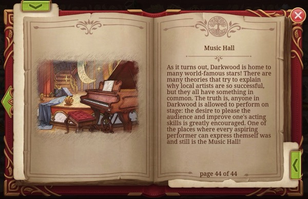 A book shows an image of the Music Hall. The next page has a description of it.