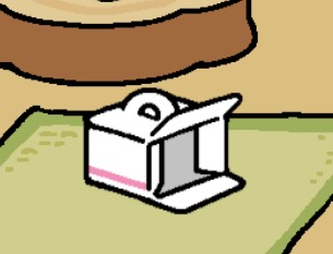 A white box with a handle and pink stripes. The front of the box is open.