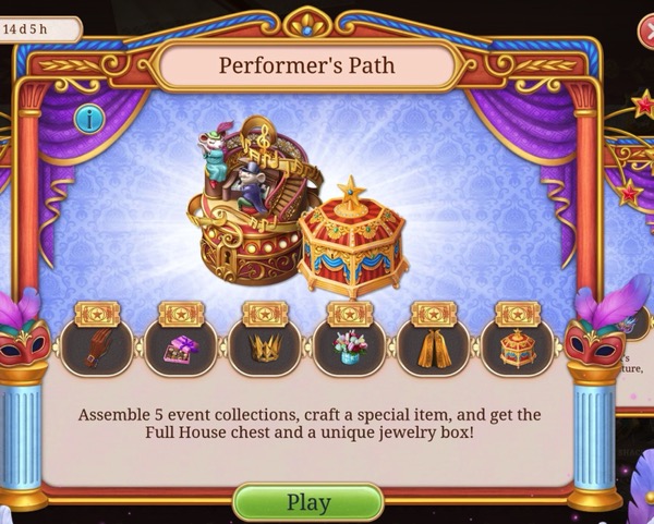 A box has a jewelry box and a decorative item that looks like a stage with performers on it.