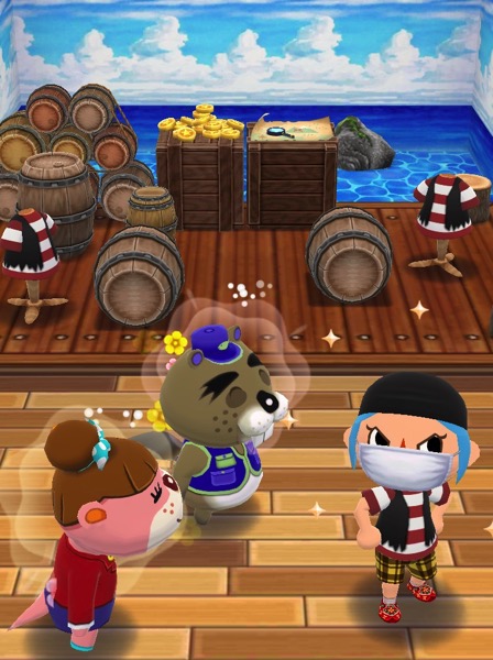 My Pocket Camp character is wearing a pirates tee and vest, and a black bandanna on their head. She stands next to Chip and Lottie.