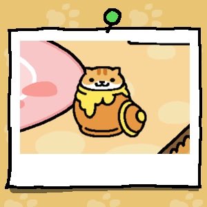 Pumpkin is a light orange cat with two dark orange stripes on their head. The lower part of the cat's face is white. Pumpkin looks out from inside a Honey Pot.