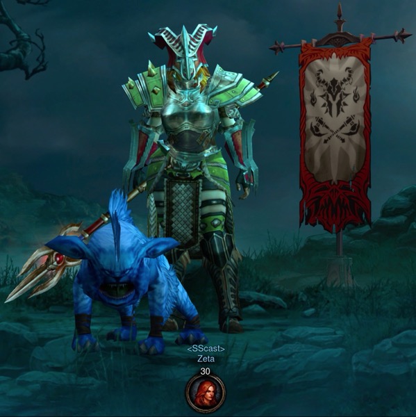 A female barbarian is covered in mostly matching armor. She carries a pike weapon. A dog-like creature stand near her. A banner is in the background.