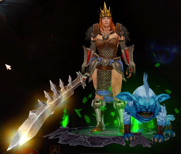 A female Barbarian wears a crown and armor that almost matches. Her expression implies she would like better pants. She carries a huge sword. A blue dog-like creature stands near her.