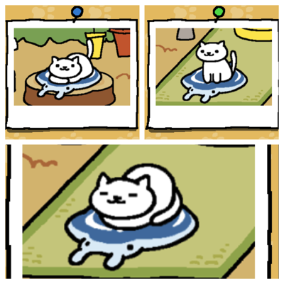 Snowball is a white cat. First image - Snowball rests on a Manta gel mat. Second image - Snowball stands on a Manta Gel Mat. Third image - Snowball sleeps with her feet tucked under her on the Manta Gel Mat.