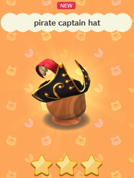 A large, black, pirate captain hat. It has gold accents and a red feather.