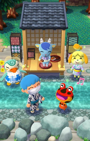 My Pocket Camp character enjoys the Creek Cooldown items with some animal friends, including Isabelle.