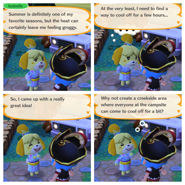 Isabelle is talking to my Animal Crossing Pocket Camp player (who is dress like a pirate).