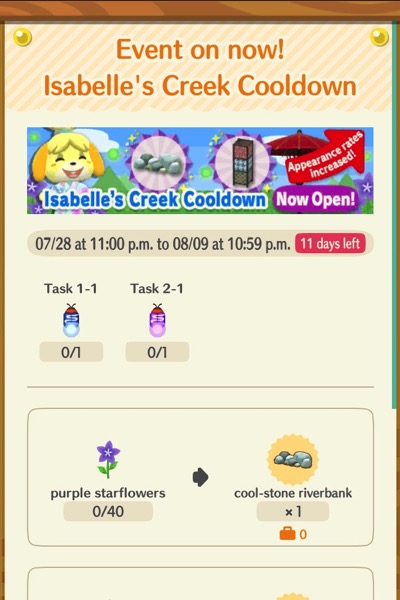 A sign that announces Isabelle's Creek Cooldown event. It shows two kind of bugs that player must pick off of special flowers.