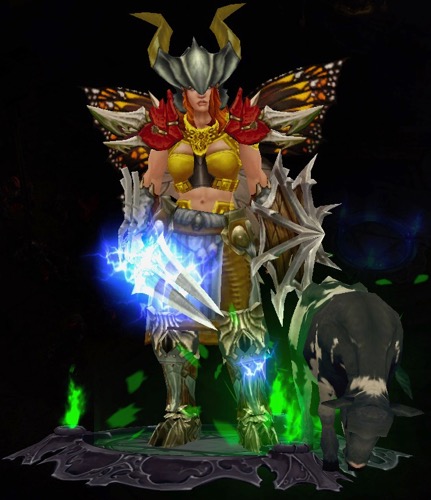 A Barbarian wears butterfly wings, a horned helmet, and a mix of armor. Her sword casts lightning. Her shield has spikes. Next to her is a small cow.