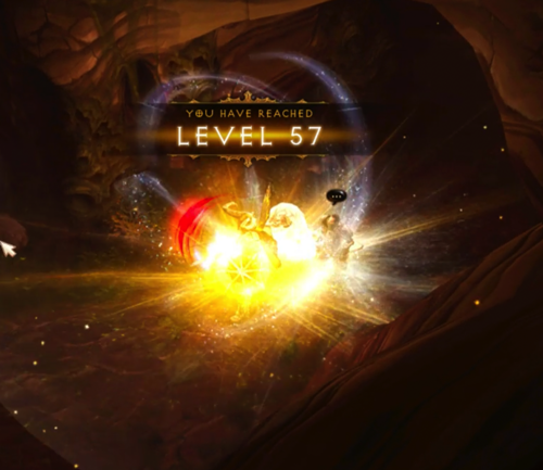 A screenshot from Diablo III says "You have reached Level 57!" Below it is a Barbarian who is surrounded by light.