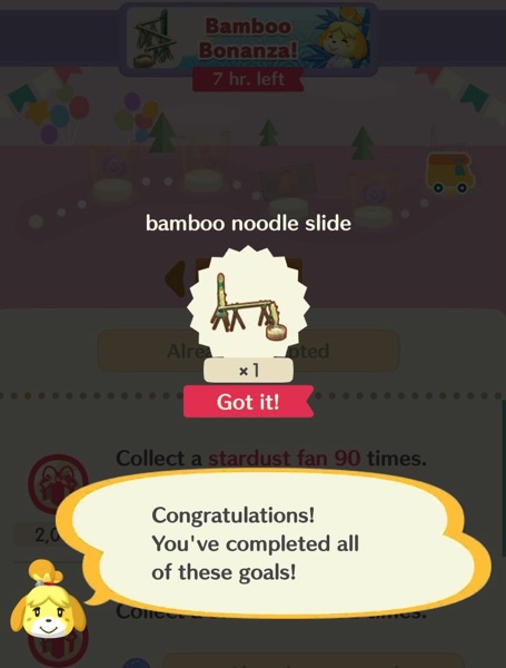 In the center of this screenshot is a bamboo noodle slide. The player earns this by completing all of the goals for the Bamboo Bonanza event.